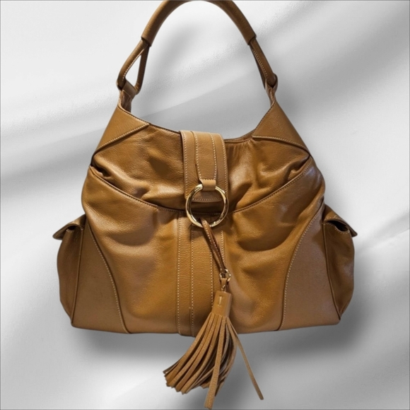Jane Bolinger 15"x17"x5" Tan Leather Shoulder Bag Purse Gold Hardware Very Clean - Picture 1 of 16